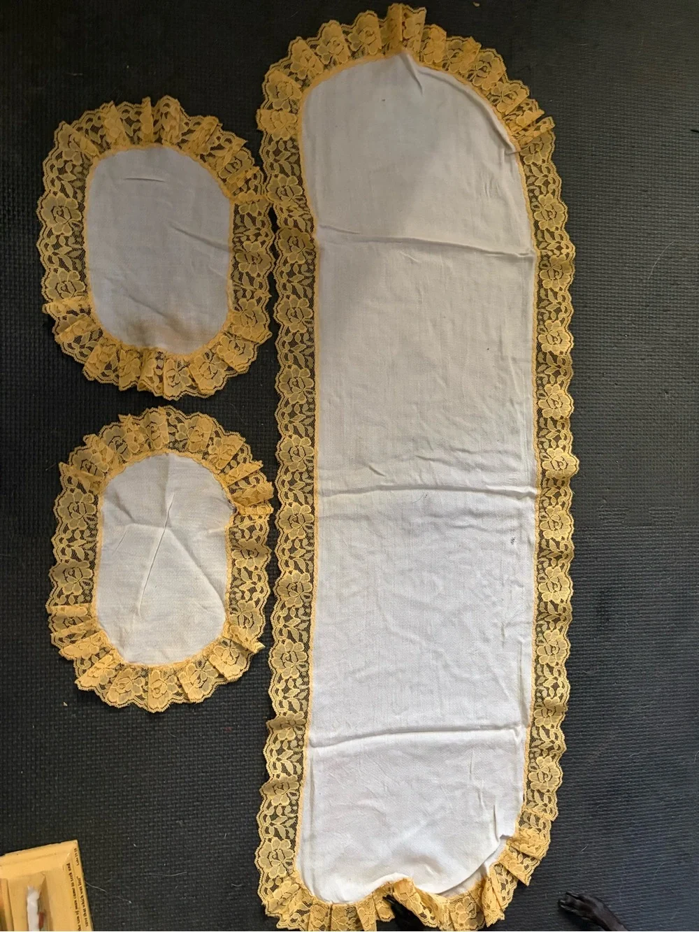 White and Gold Lace Trim Table Runner and Placemats Set